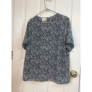 Kathie Lee Womens Floral Short Sleeve Blouse Navy Blue Cream Yellow
